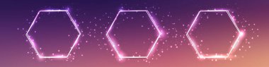 Üç neon çift altıgen çerçeve seti. Parlak efektler ve kahverengi arka planda parıltılar. Boş parlayan tekno fon. Vektör illüstrasyonu