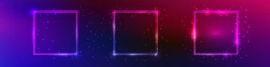 Parlak efektli ve koyu mor arka planda parıldayan üç neon çift kare çerçeve seti. Boş parlayan tekno fon. Vektör illüstrasyonu