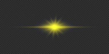 Lens fişeklerinin ışık etkisi. Gri şeffaf arkaplanda parıldayan sarı yatay ışık patlaması etkisi. Vektör illüstrasyonu