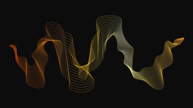Karanlık arka planda lüks altın dalgaları olan soyut bir fon. Modern teknoloji arka planı, dalga tasarımı. Vektör illüstrasyonu