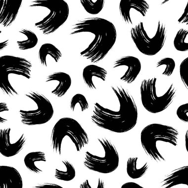 Seamless pattern with black wavy grunge brush strokes in abstract shapes on white background. Vector illustration