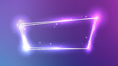Parlak efektli neon çift çerçeve ve mavi arka planda parıltılar. Boş parlayan tekno fon. Vektör illüstrasyonu