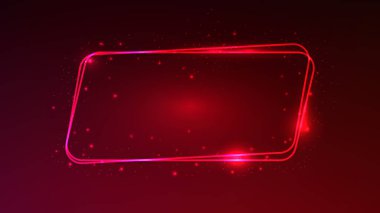 Neon, koyu kırmızı arka planda parlayan efektler ve parıltılarla çift paralel kenarlı bir çerçeve oluşturdu. Boş parlayan tekno fon. Vektör illüstrasyonu