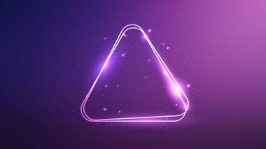 Neon, parlak efektlerle ve mor arka planda parıltılarla yuvarlak çift üçgen çerçeve oluşturdu. Boş parlayan tekno fon. Vektör illüstrasyonu