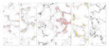 Mermer desenli arka planlar. Altı farklı soyut mermer granit taş seti. Vektör illüstrasyonu