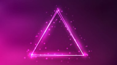 Parlak efektleri ve pembe arka planda parıltıları olan neon çift üçgen çerçeve. Boş parlayan tekno fon. Vektör illüstrasyonu