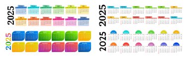 2025 için dört yatay takvim seti beyaz arka planda izole edildi. Pazardan pazartesiye, iş planı. Vektör illüstrasyonu