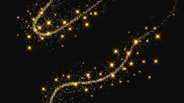 Altın parıldayan konfeti dalgası ve yıldız tozu. Koyu arkaplanda altın sihirli parıltılarla arka plan. Vektör illüstrasyonu