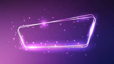 Neon, parlak efektleri ve mor arka planda parıltıları olan çift katlı bir çerçeve. Boş parlayan tekno fon. Vektör illüstrasyonu