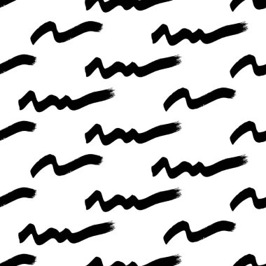 Beyaz arka planda soyut şekillerde siyah dalgalı fırça darbeleriyle kusursuz desen. Vektör illüstrasyonu