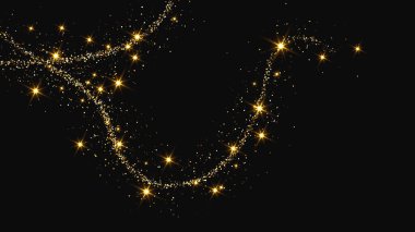 Altın parıldayan konfeti dalgası ve yıldız tozu. Koyu arkaplanda altın sihirli parıltılarla arka plan. Vektör illüstrasyonu