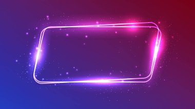 Neon, parlak efektleri ve koyu mor arka planda parıltıları olan çift paralel kenarlı bir çerçeve oluşturdu. Boş parlayan tekno fon. Vektör illüstrasyonu