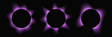 Çemberleri gradyanla aydınlat. Siyah arkaplanda üç tane mor neon pankart var. Vektör illüstrasyonu
