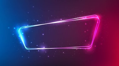 Neon, parlak efektleri ve mor arka planda parıltıları olan çift katlı bir çerçeve. Boş parlayan tekno fon. Vektör illüstrasyonu