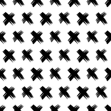 Elle çizilmiş çapraz sembollü kusursuz desen. Beyaz arka planda siyah çizim işareti. Vektör illüstrasyonu