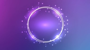 Parlak efekt ve koyu mor arka planda parıltılarla neon çift daire çerçeve. Boş parlayan tekno fon. Vektör illüstrasyonu