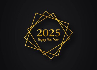 2025 Mutlu Yıllar altın geometrik çokgen arka plan. Noel tebrik kartı, el ilanı ve posterleri için parlak efektleri olan altın geometrik poligonal çerçeve. Vektör illüstrasyonu