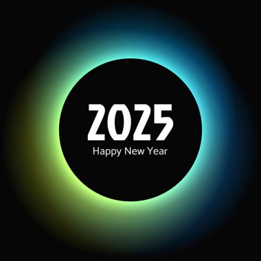 Happy new year 2025 inscription in circle light frame. White numbers on green neon banner isolated on black background. Vector illustration clipart