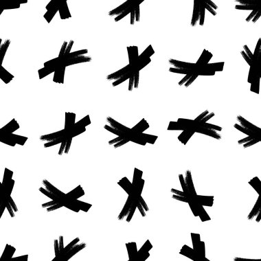 Elle çizilmiş çapraz sembollü kusursuz desen. Beyaz arka planda siyah çizim işareti. Vektör illüstrasyonu