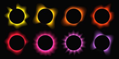 Çemberleri gradyanla aydınlat. Siyah arkaplanda sekiz tane çok renkli neon pankart var. Vektör illüstrasyonu