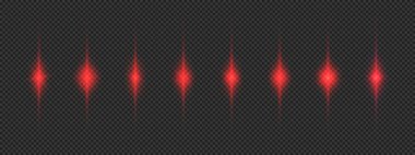 Lens fişeklerinin ışık etkisi. Gri şeffaf arkaplanda parıldayan sekiz kırmızı ışık patlaması efekti. Vektör illüstrasyonu