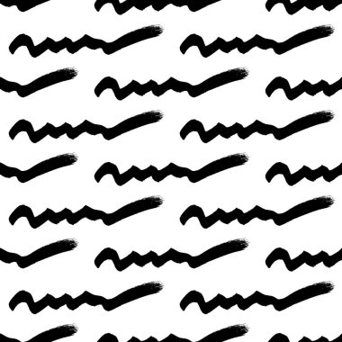 Beyaz arka planda soyut şekillerde siyah dalgalı fırça darbeleriyle kusursuz desen. Vektör illüstrasyonu