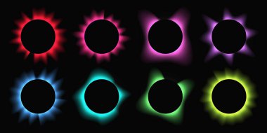 Çemberleri gradyanla aydınlat. Siyah arkaplanda sekiz tane çok renkli neon pankart var. Vektör illüstrasyonu