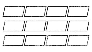 Paralelkenar biçiminde grunge kenarları kümesi. Beyaz arkaplanda boş alanı olan koyu dokulu çerçevelerin toplanması. Vektör illüstrasyonu