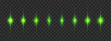 Lens fişeklerinin ışık etkisi. Gri şeffaf arkaplanda parıldayan sekiz yeşil ışık patlaması efekti. Vektör illüstrasyonu