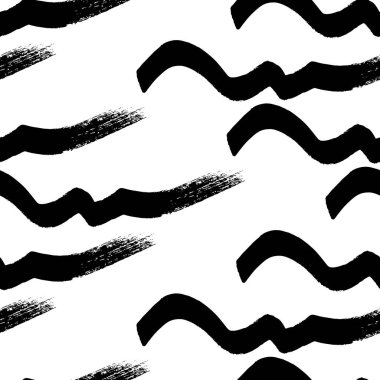 Beyaz arka planda soyut şekillerde siyah dalgalı fırça darbeleriyle kusursuz desen. Vektör illüstrasyonu