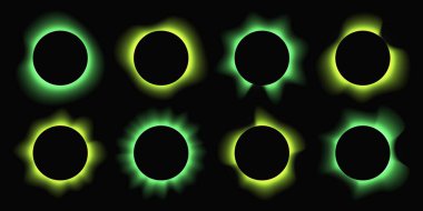 Çemberleri gradyanla aydınlat. Siyah arkaplanda sekiz yeşil neon pankart var. Vektör illüstrasyonu