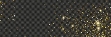 Gri şeffaf bir arkaplanda yıldızlı altın parıldayan toz. Altın parıltısı efektiyle toz ve metin için boş alan. Vektör illüstrasyonu