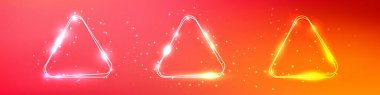 Üç neon çift yuvarlak üçgen çerçeve seti. Parlak efektler ve turuncu arka planda parıltılar. Boş parlayan tekno fon. Vektör illüstrasyonu