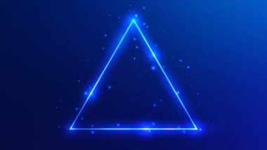 Parlak efektleri ve mavi arka planda parıltıları olan neon üçgen çerçeve. Boş parlayan tekno fon. Vektör illüstrasyonu