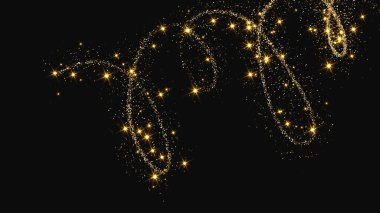 Altın parıldayan konfeti dalgası ve yıldız tozu. Koyu arkaplanda altın sihirli parıltılarla arka plan. Vektör illüstrasyonu