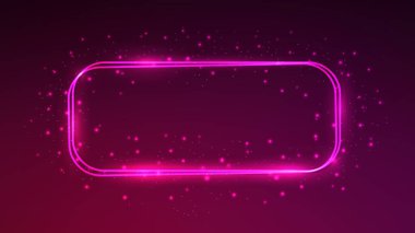Neon çift yuvarlak dikdörtgen çerçeve, parlak efektler ve koyu pembe arka planda parıltılar. Boş parlayan tekno fon. Vektör illüstrasyonu