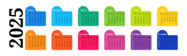 2025 için yatay takvim beyaz arka planda izole edilmiş. Pazardan pazartesiye, iş planı. Vektör illüstrasyonu