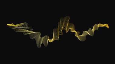 Karanlık arka planda lüks altın dalgaları olan soyut bir fon. Modern teknoloji arka planı, dalga tasarımı. Vektör illüstrasyonu