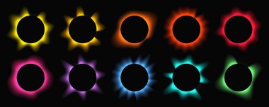 Çemberleri gradyanla aydınlat. Siyah arkaplanda 10 tane çok renkli neon pankart var. Vektör illüstrasyonu