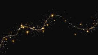 Altın parıldayan konfeti dalgası ve yıldız tozu. Koyu arkaplanda altın sihirli parıltılarla arka plan. Vektör illüstrasyonu