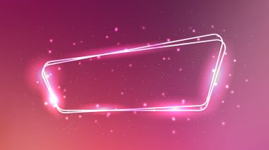 Neon, parlak efektleri ve kırmızı arka planda parıltıları olan çift çerçeveli bir daire çizdi. Boş parlayan tekno fon. Vektör illüstrasyonu