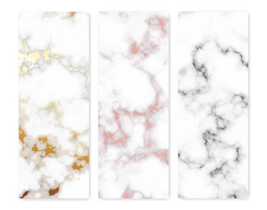 Mermer desenli arka planlar. Üç farklı soyut mermer granit taş seti. Vektör illüstrasyonu