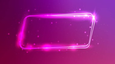 Neon, çift paralel kenarlı, parlak efektli ve pembe arkaplanlı bir çerçeve çizdi. Boş parlayan tekno fon. Vektör illüstrasyonu