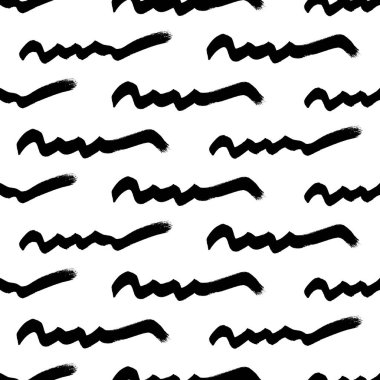 Beyaz arka planda soyut şekillerde siyah dalgalı fırça darbeleriyle kusursuz desen. Vektör illüstrasyonu