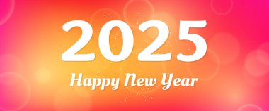 Bulanık arkaplandaki 2025 yılınız kutlu olsun. Arkaplanda beyaz numaralar, konfeti, bokeh ve lens fişeği var. Vektör illüstrasyonu