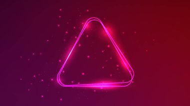 Neon, parlak efektlerle ve koyu kırmızı arka planda parıltılarla yuvarlak çift üçgen çerçeve oluşturdu. Boş parlayan tekno fon. Vektör illüstrasyonu