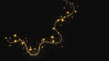 Altın parıldayan konfeti dalgası ve yıldız tozu. Koyu arkaplanda altın sihirli parıltılarla arka plan. Vektör illüstrasyonu