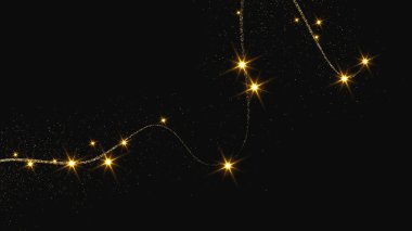 Altın parıldayan konfeti dalgası ve yıldız tozu. Koyu arkaplanda altın sihirli parıltılarla arka plan. Vektör illüstrasyonu