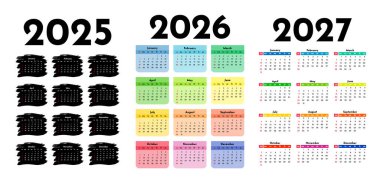 2025, 2026 ve 2027 için üç dikey takvim seti beyaz arka planda izole edildi. Pazardan pazartesiye, iş planı. Vektör illüstrasyonu