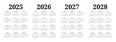 2025, 2026, 2027 ve 2028 için dört dikey takvim seti beyaz arka planda izole edildi. Pazardan pazartesiye, iş planı. Vektör illüstrasyonu